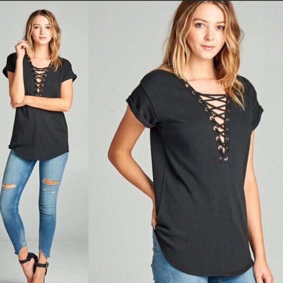 Tops - Women’s black french terry lace up top NWT
